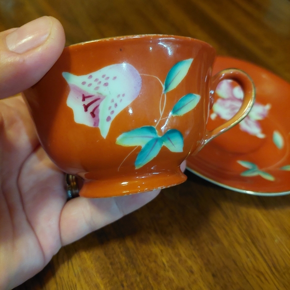 VTG Made In Occupied Japan Orange Floral Teacup and Saucer Orchid - Picture 3 of 13